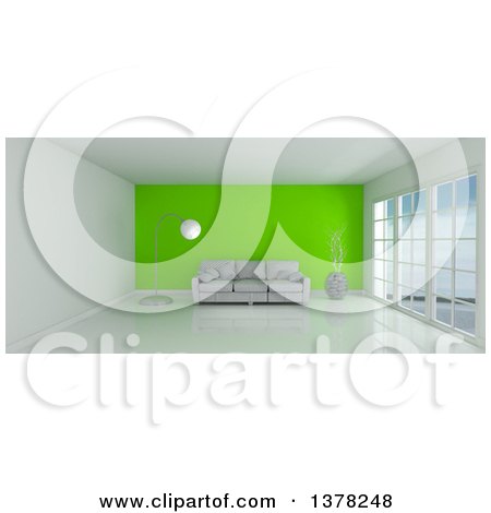 Clipart of a 3d White Room Interior with Floor to Ceiling Windows, a Green Feature Wall and Furniture - Royalty Free Illustration by KJ Pargeter