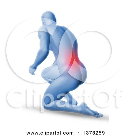 Clipart of a 3d Blue Anatomical Man Kneeling on the Floor, with Glowing Red Back Pain, on Shaded White - Royalty Free Illustration by KJ Pargeter