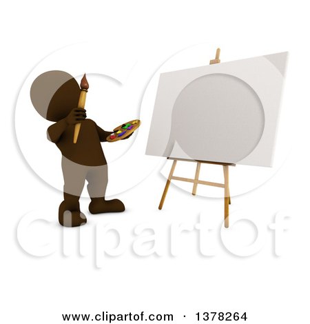 Clipart of a 3d Brown Man Painting a Canvas, on a White Background - Royalty Free Illustration by KJ Pargeter