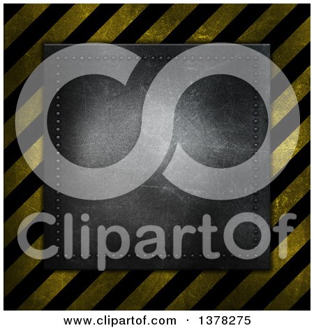 Clipart of a Metal Plaque over Grungy Hazard Stripes - Royalty Free Illustration by KJ Pargeter