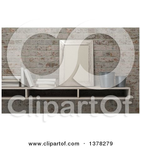Clipart of a 3d Shelf with a Frame and Books Against Bricks - Royalty Free Illustration by KJ Pargeter
