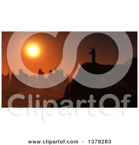 Clipart of a 3d Silhouetted Soldier on a Lookout over a City at Sunset - Royalty Free Illustration by KJ Pargeter