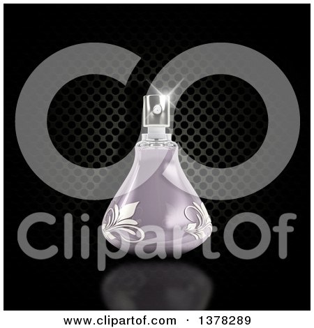 Clipart of a 3d Purple Perfume Bottle over Black Perforated Metal - Royalty Free Illustration by KJ Pargeter