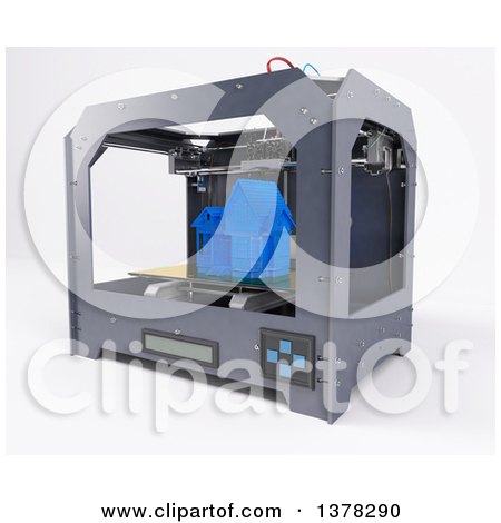 Clipart of a 3d Printer Creating a Home, on a White Background - Royalty Free Illustration by KJ Pargeter