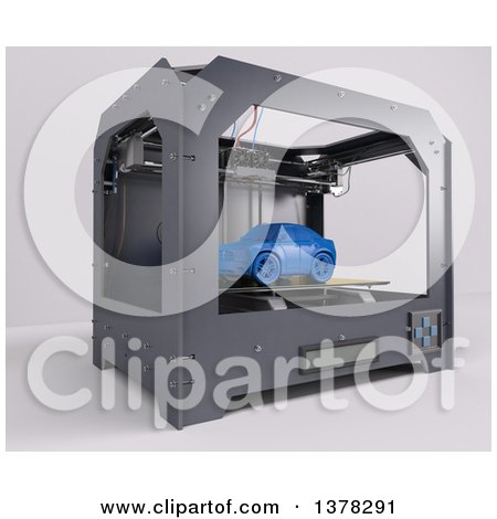Clipart of a 3d Printer Printing a Car, on a White Background - Royalty Free Illustration by KJ Pargeter