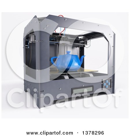Clipart of a 3d Printer Printing a Tea Pot, on a White Background - Royalty Free Illustration by KJ Pargeter