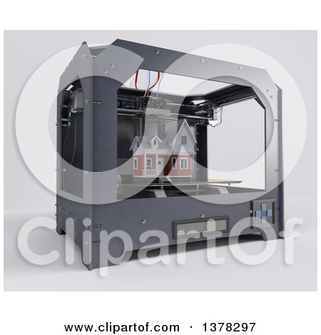 Clipart of a 3d Printer Printing a Home, on a White Background - Royalty Free Illustration by KJ Pargeter