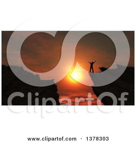Clipart of a Silhouetted Man Cheering on Top of a 3d Mountain at Sunset - Royalty Free Illustration by KJ Pargeter