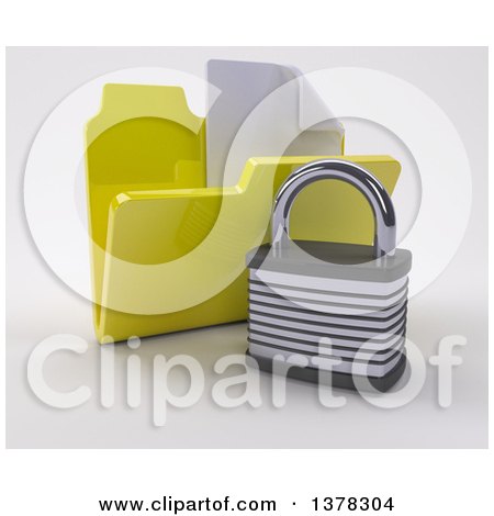 Clipart of a 3d Yellow File Folder with Documents and Padlock, on Shaded White - Royalty Free Illustration by KJ Pargeter