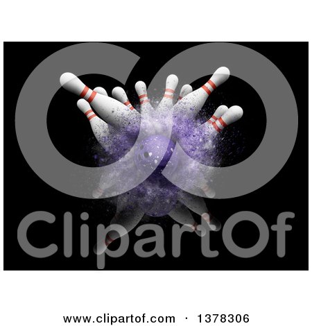 Clipart of a 3d Purple Bowling Smashing Through Bowling Pins, on a Black Background - Royalty Free Illustration by KJ Pargeter