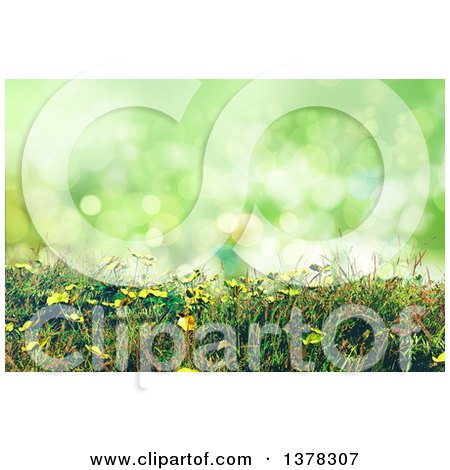 Clipart of a Background of 3d Buttercup Flowers and Grass Against Green Bokeh - Royalty Free Illustration by KJ Pargeter