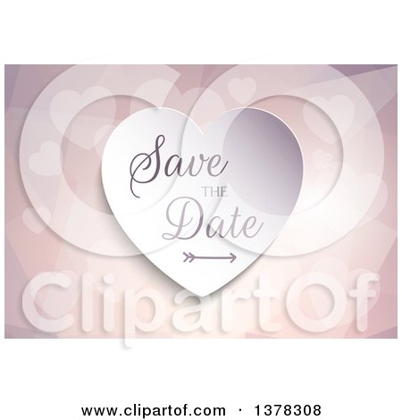 Clipart of a 3d White Paper Save the Date Wedding Heart with an Arrow over a Geometric Background with Hearts - Royalty Free Vector Illustration by KJ Pargeter
