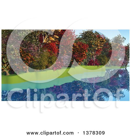 Clipart of a Row of Colorful Autumn Trees over a Still River - Royalty Free Illustration by KJ Pargeter