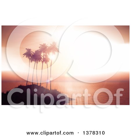 Clipart of a 3d Tropical Island Sunset or Sunrise with Silhouetted Palm Trees and a Flare - Royalty Free Illustration by KJ Pargeter