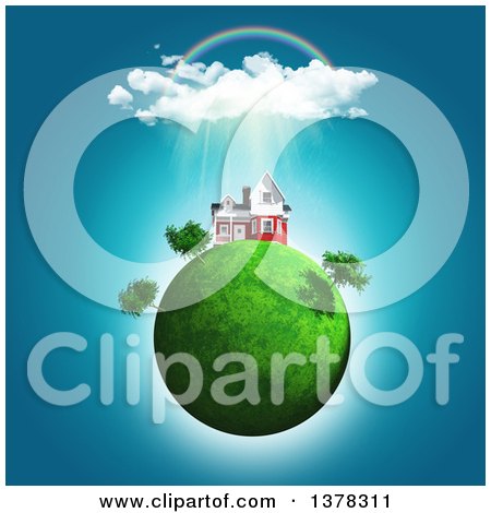 Clipart of a 3d House on a Grassy Green Planet, Under a Rainbow and Showers - Royalty Free Illustration by KJ Pargeter