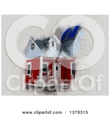Clipart of a Sketched and Painted House with Solar Panels on the Roof - Royalty Free Illustration by KJ Pargeter
