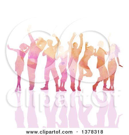 Clipart of a Group of Watercolor Painted People Dancing, with a Reflection on White - Royalty Free Vector Illustration by KJ Pargeter