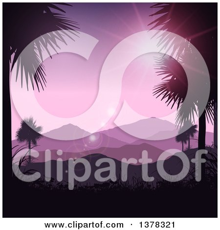 Clipart of a Silhouetted Tropical Mountainous Landscape Framed with Palm Trees and a Purple Sunset - Royalty Free Vector Illustration by KJ Pargeter