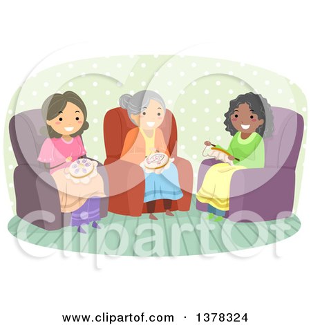 Clipart of a Group of Senior Women Sitting in Chair Sand Embroidering Together - Royalty Free Vector Illustration by BNP Design Studio