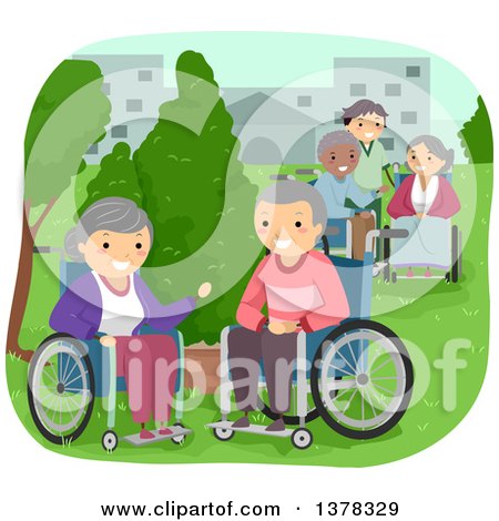 Clipart of a Caregiver and Senior Citizens in Wheelchairs, Enjoying a Park - Royalty Free Vector Illustration by BNP Design Studio
