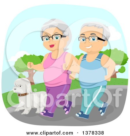 Clipart of a Happy White Senior Couple Jogging with Their Dog - Royalty Free Vector Illustration by BNP Design Studio