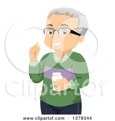 Clipart of a Happy White Senior Man Wearing Glasses and Taking His Medication - Royalty Free Vector Illustration by BNP Design Studio