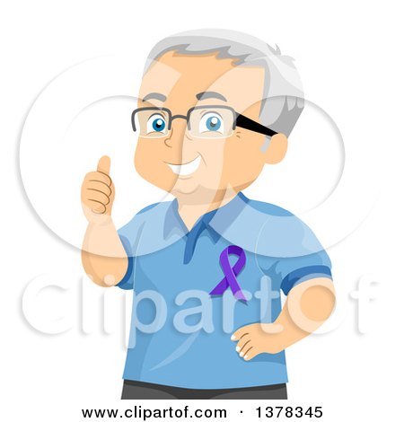 Clipart of a Happy White Senior Man Wearing Glasses and an Awareness Ribbon, Giving a Thumb up - Royalty Free Vector Illustration by BNP Design Studio
