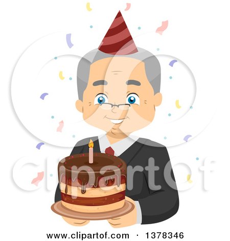 Clipart of a Happy White Senior Man Wearing Glasses and Holding a Cake at His Retirement Party - Royalty Free Vector Illustration by BNP Design Studio