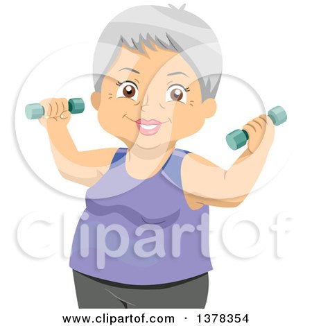 Clipart of a Happy Senior White Woman Working out with Dumbbells - Royalty Free Vector Illustration by BNP Design Studio