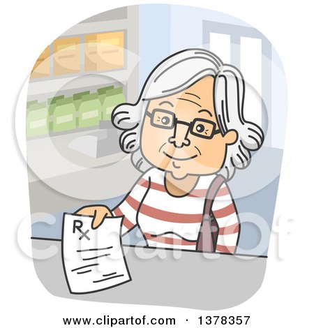 Clipart of a Cartoon Happy White Senior Woman Turning in a Prescription at a Pharmacy - Royalty Free Vector Illustration by BNP Design Studio