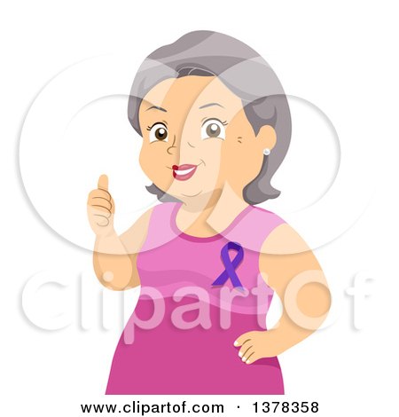 Clipart of a Happy Senior White Woman Giving a Thumb up and Wearing a Purple Awareness Ribbon - Royalty Free Vector Illustration by BNP Design Studio
