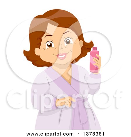 Clipart of a Happy Brunette White Senior Woman in a Spa Robe, Holding a Lotion Bottle - Royalty Free Vector Illustration by BNP Design Studio