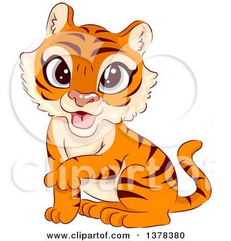 Clipart of a Tiger Cub Sitting and Holding up One Paw - Royalty Free Vector Illustration by BNP Design Studio