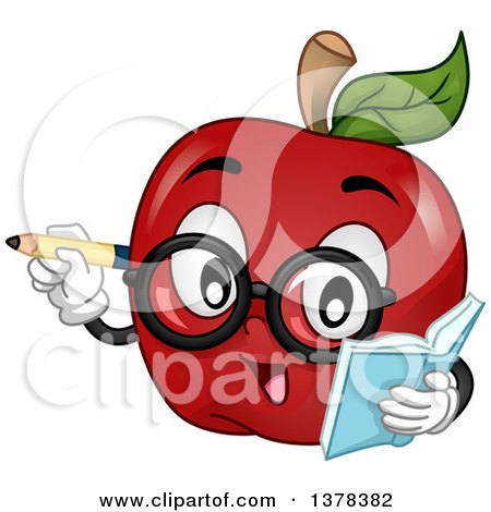 Clipart of a Bespectacled Apple Teacher or Student Holding a Book - Royalty Free Vector Illustration by BNP Design Studio