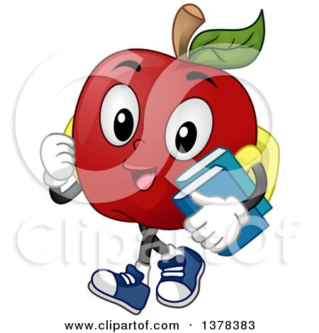 Clipart of a Happy Apple Student Character Walking and Carrying Books - Royalty Free Vector Illustration by BNP Design Studio