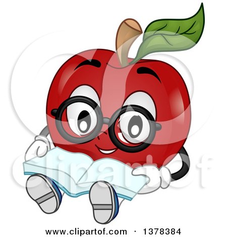 Clipart of a Bespectacled Apple Student Character Sitting and Reading a Book - Royalty Free Vector Illustration by BNP Design Studio