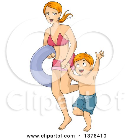 Clipart of a Red Haired White Mother Carrying an Inner Tube and Walking on the Beach with Her Son - Royalty Free Vector Illustration by BNP Design Studio