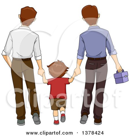 Clipart of a Rear View of a Brunette White Boy Holding Hands and Walking with His Two Dads - Royalty Free Vector Illustration by BNP Design Studio