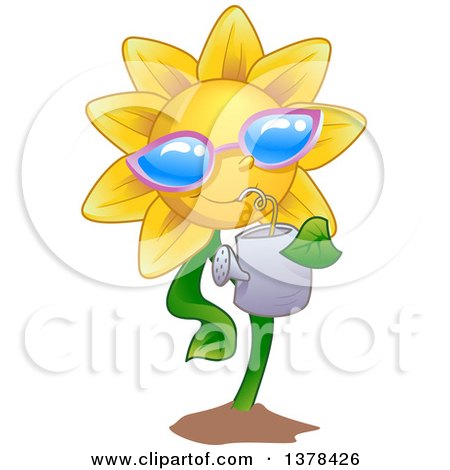 Clipart of a Happy Sunflower Wearing Shades and Drinking from a Watering Can - Royalty Free Vector Illustration by BNP Design Studio