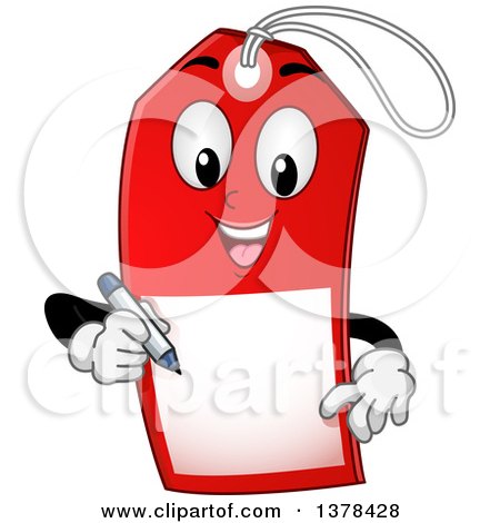 Clipart of a Red Sale Tag Mascot Holding a Pen - Royalty Free Vector Illustration by BNP Design Studio