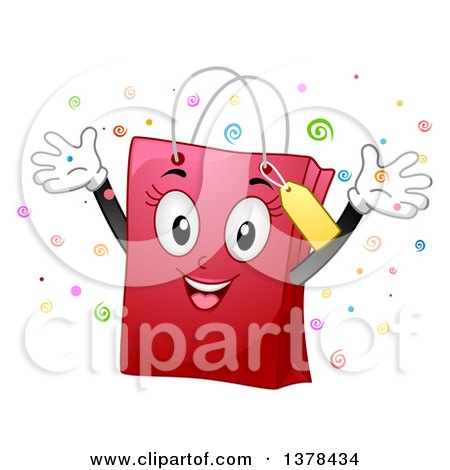 Clipart of a Pink Female Shopping Bag Mascot Cheering - Royalty Free Vector Illustration by BNP Design Studio