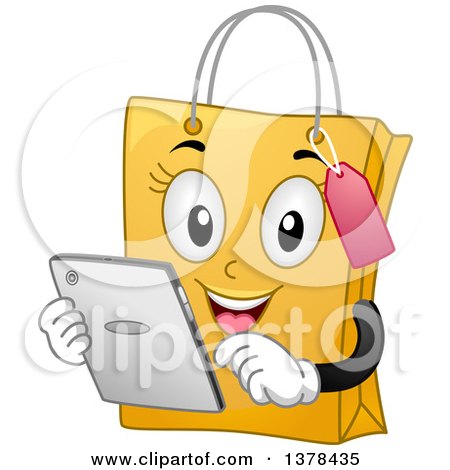 Clipart of a Pink Female Shopping Bag Mascot Using a Tablet Computer - Royalty Free Vector Illustration by BNP Design Studio