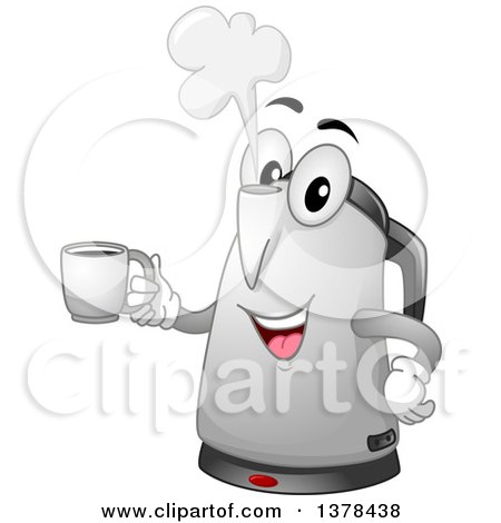 Clipart of a Happy Electric Kettle Character Holding a Coffee Mug - Royalty Free Vector Illustration by BNP Design Studio