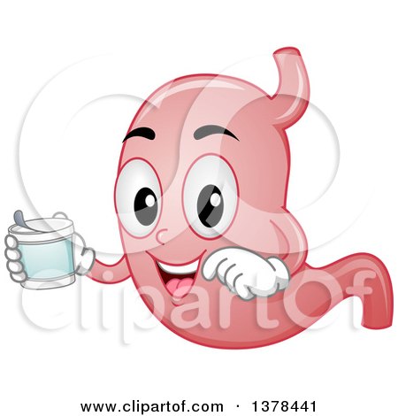 Clipart of a Happy Stomach Character Holding a Yogurt Container - Royalty Free Vector Illustration by BNP Design Studio