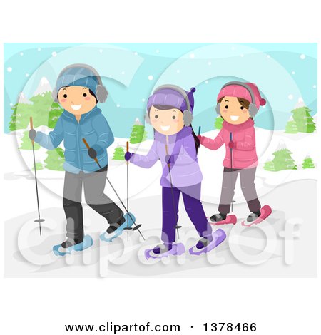 Clipart of a Group of Happy Teenagers Snow Walking - Royalty Free Vector Illustration by BNP Design Studio