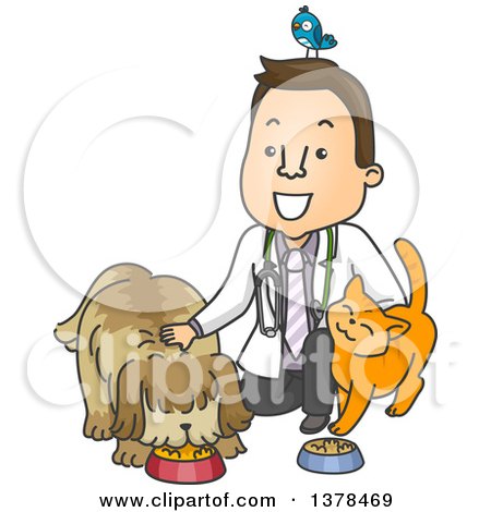 Clipart of a Cartoon Happy White Male Veterinarian with a Bird, Cat and Dog - Royalty Free Vector Illustration by BNP Design Studio