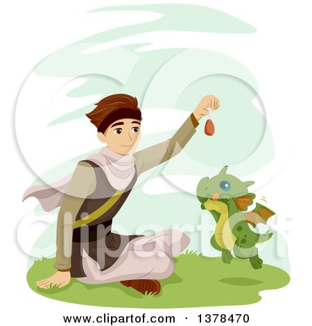 Clipart of a Brunette White Man Training a Baby Dragon - Royalty Free Vector Illustration by BNP Design Studio