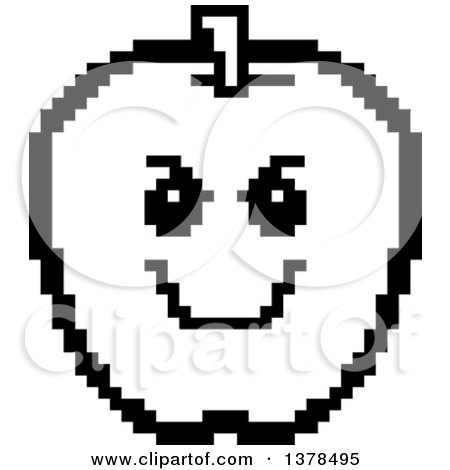 Clipart of a Black and White Grinning Evil Apple in 8 Bit Style - Royalty Free Vector Illustration by Cory Thoman