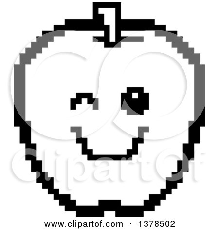 Clipart of a Black and White Winking Apple in 8 Bit Style - Royalty Free Vector Illustration by Cory Thoman