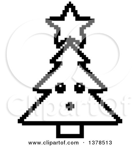 Clipart of a Black and White Surprised Christmas Tree Character in 8 Bit Style - Royalty Free Vector Illustration by Cory Thoman